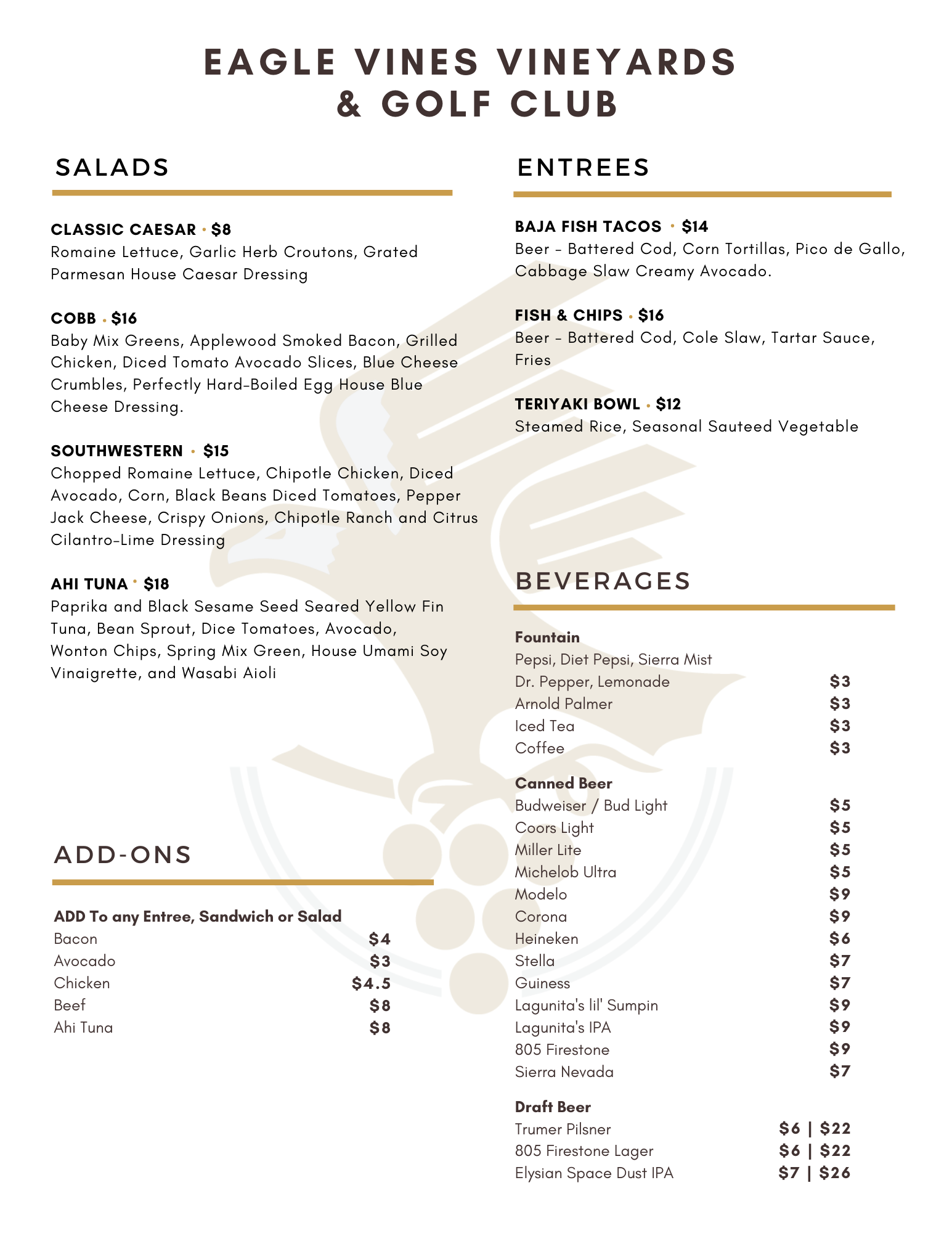 The Eagle Grill Menu Eagle Vines Golf Club