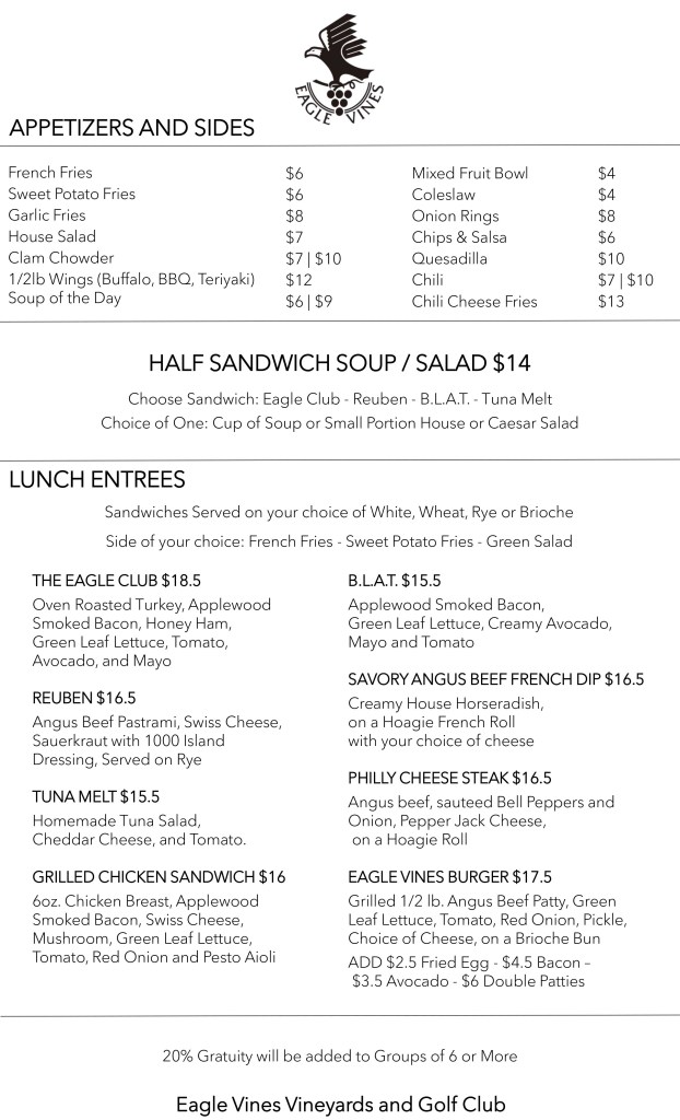 The Eagle Grill Menu Eagle Vines Golf Club
